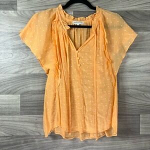 Moon River Womens Blouse Orange Polka Dot Short Sleeve V Neck Ruffle Sheer M